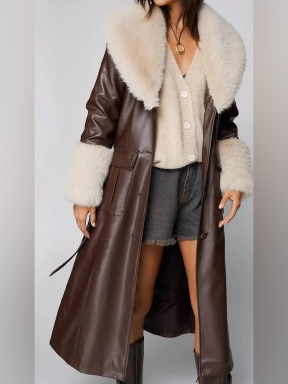 Nasty Gal Brown Faux Leather Trench Coat with Cream Faux Fur Trim